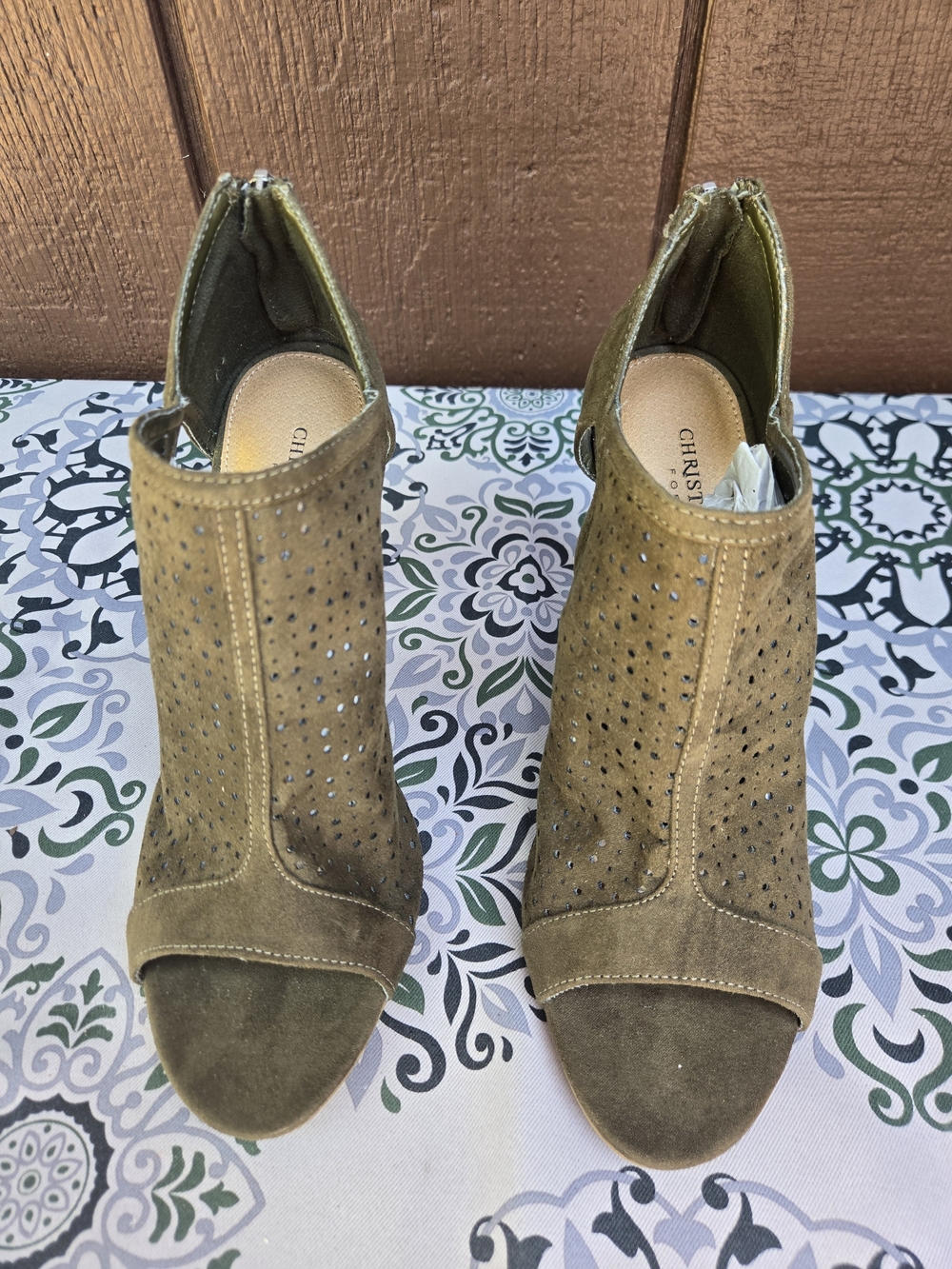 Christian Siriano Olive Green Suede Peep-Toe Ankle Boot With Zipper & 3.75" Heel